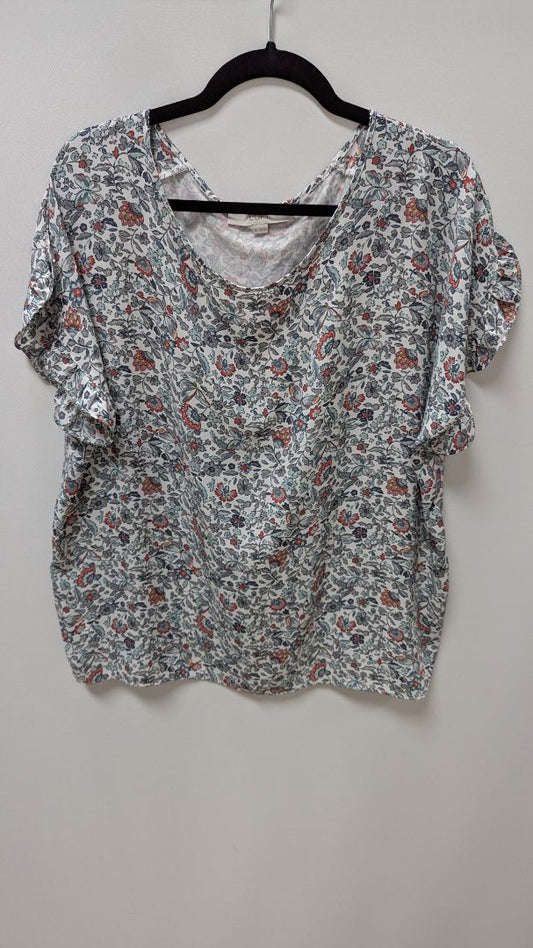 LOFT White Floral Knit-Back Ruffle Sleeve Blouse