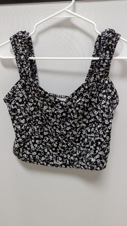 Japna Black/White Floral Ruched Strap Crop Top