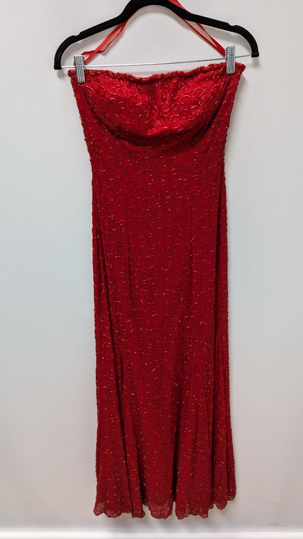 Cache Vintage Red Strapless Beaded Formal Gown