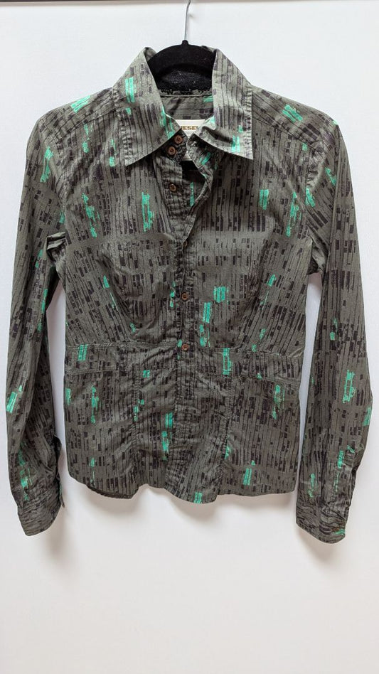 DIESEL Dark Grey/Turquoise Printed Button-Down Blouse