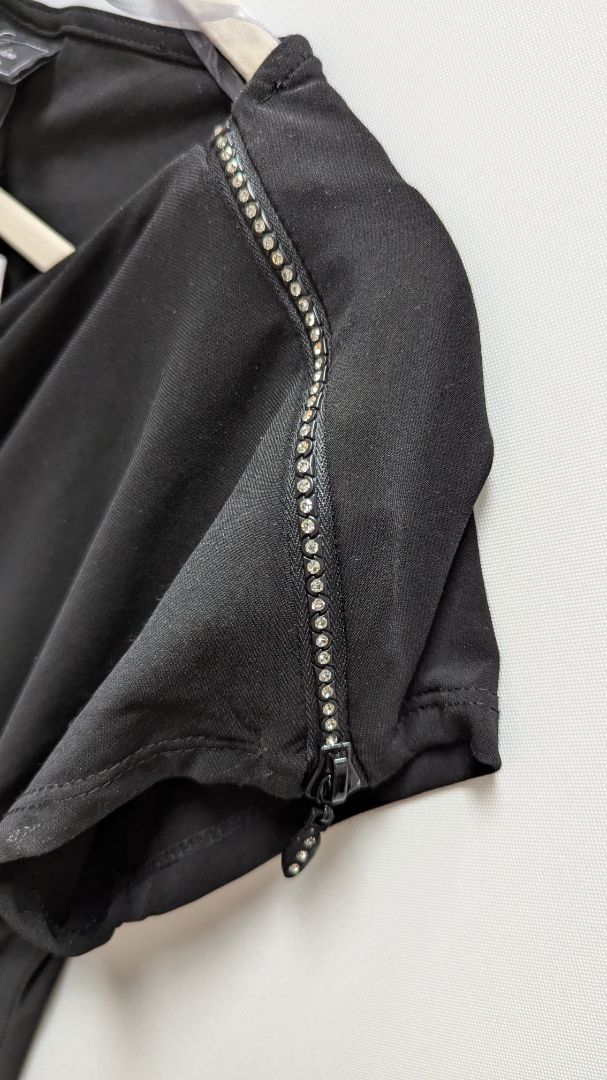 dressbarn Black Rhinestone Zipper Shoulder Blouse