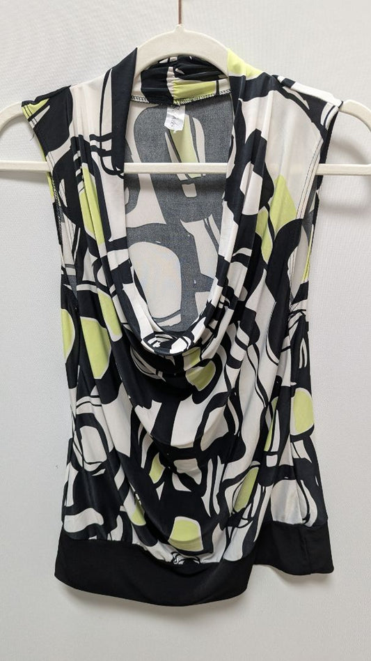 R Marks White/Black/Green Printed Sleeveless Blouse