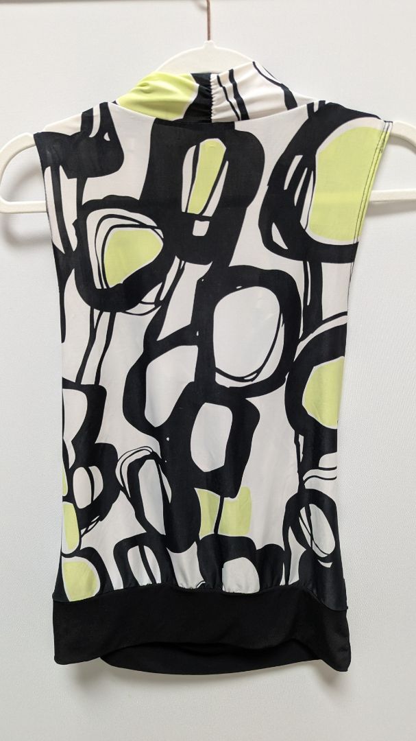 R Marks White/Black/Green Printed Sleeveless Blouse