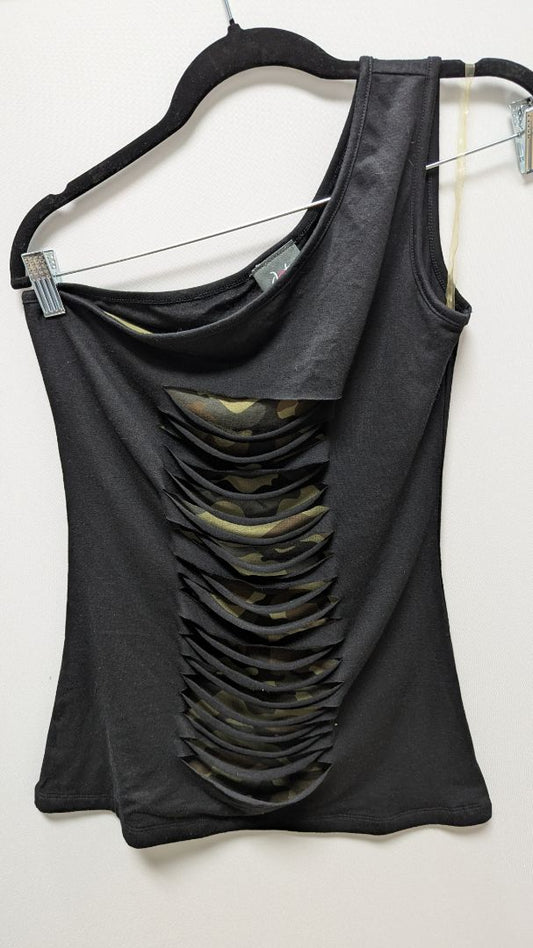 dots Black/Green Distressed Camo One-Shoulder Tank
