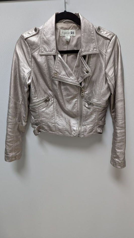 Forever 21 Silver Metallic Faux-Leather Moto Jacket