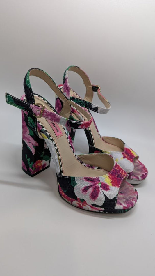 Betsey Johnson Black Isla Floral Block Heel Sandals