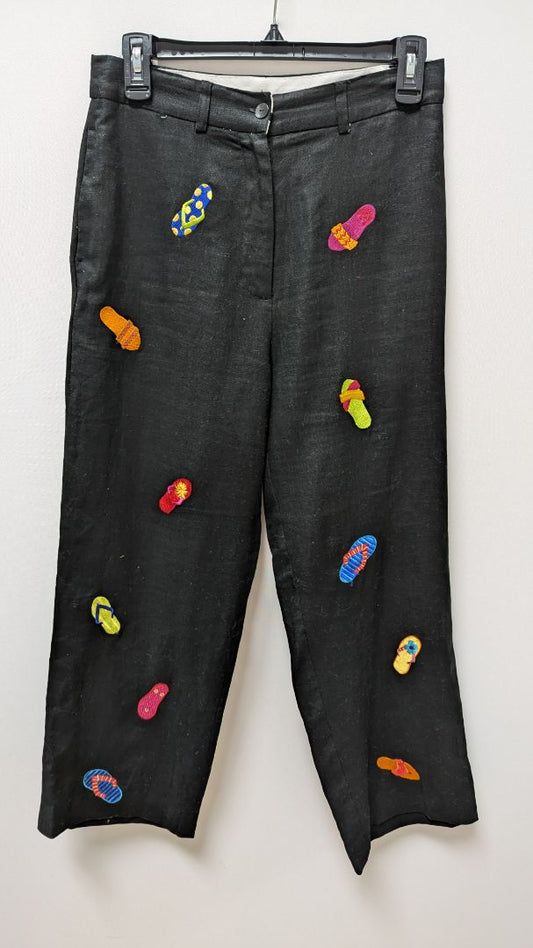 DEANE & WHITE Black Flip-Flop Embroidered Linen Pants