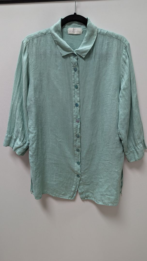 Soft Surroundings Light Blue Linen Drawstring Button-Down Blouse