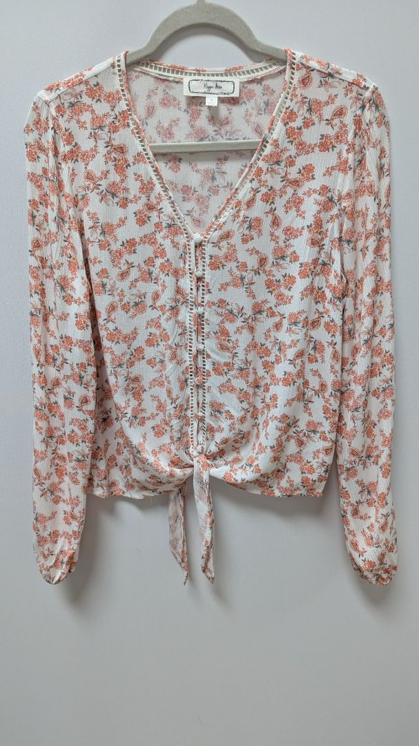 Hippie Rose Cream/Orange Floral Tie-Front Blouse