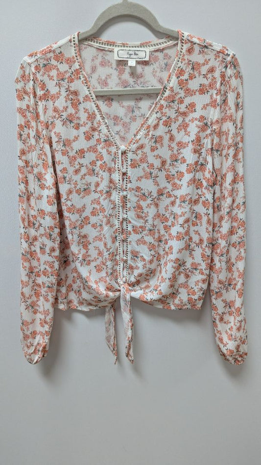 Hippie Rose Cream/Orange Floral Tie-Front Blouse