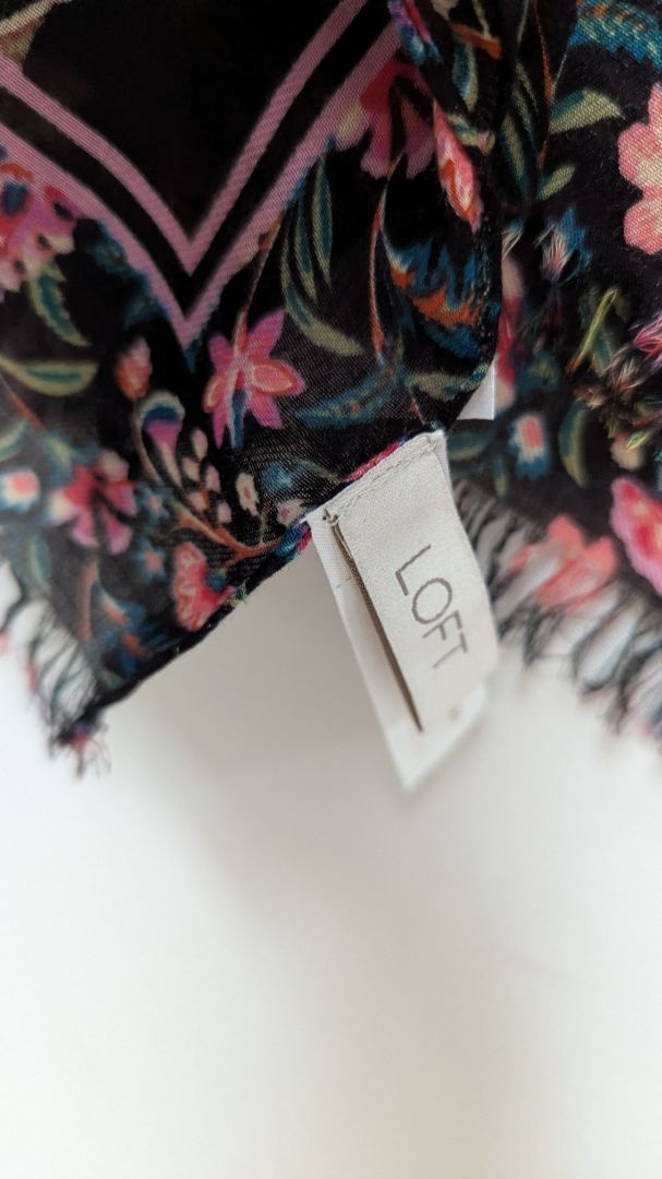 LOFT Black Floral Fringed Blanket Scarf