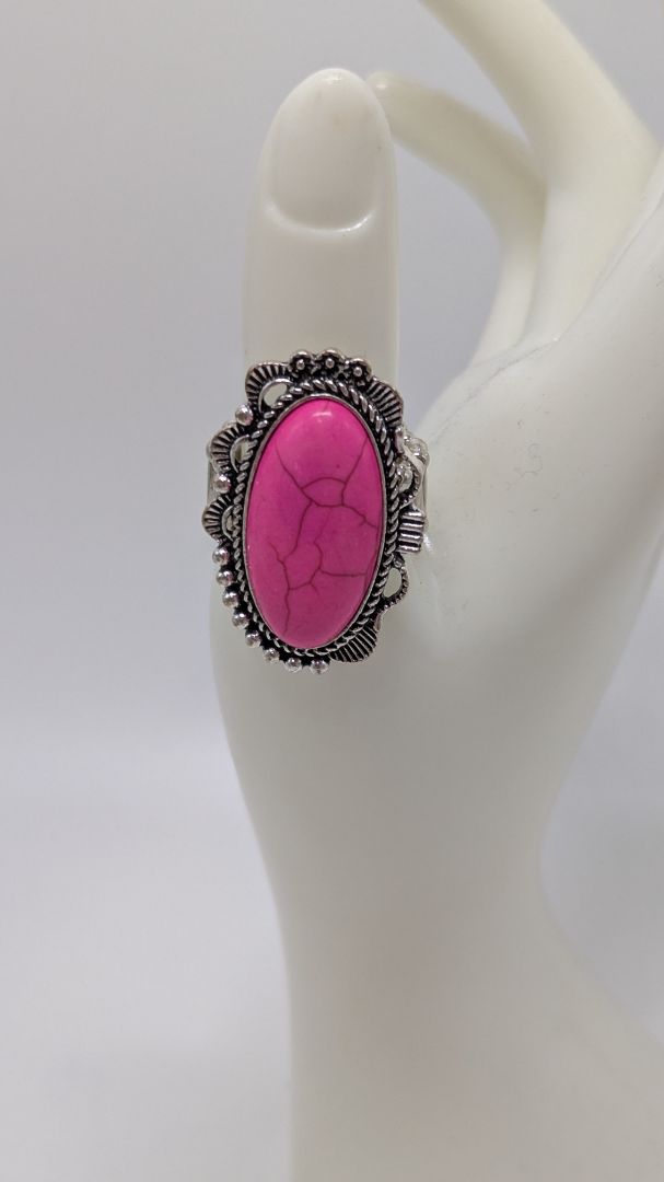 Silver-Tone Pink Oval Elastic-Back Ring