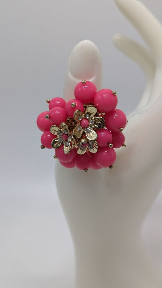 Gold-Tone Pink Metal Flower Beaded Ring