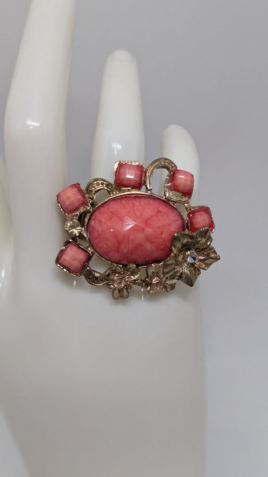 Gold-Tone Pink Oval Stone Flower Ring