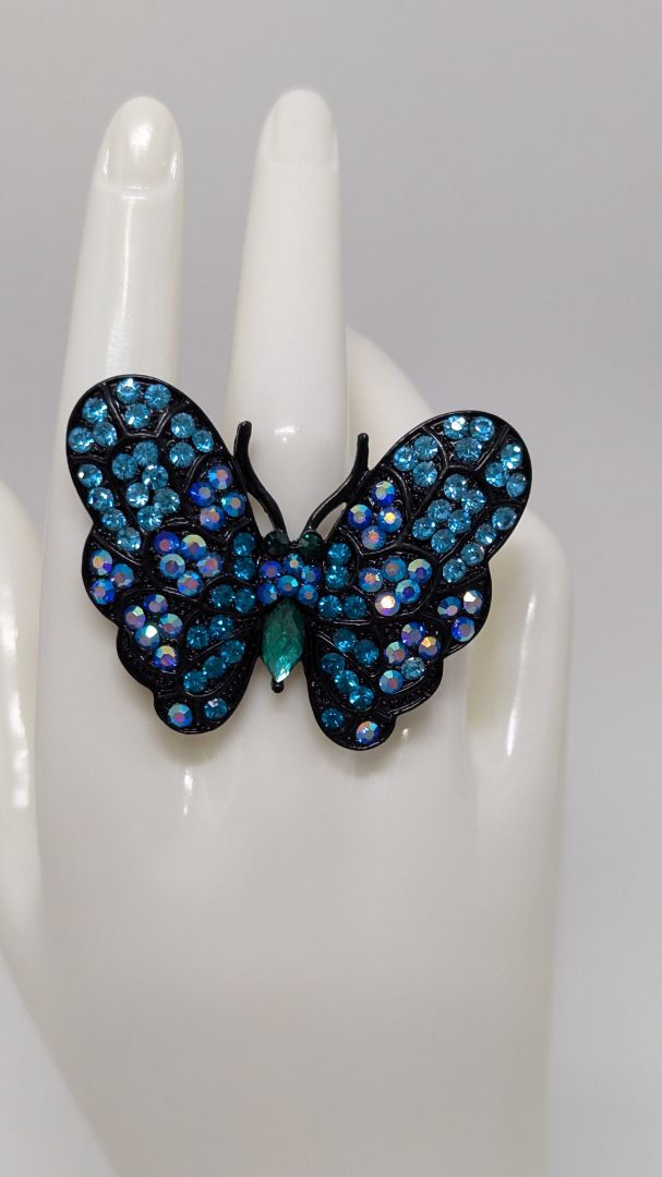 Black/Blue Rhinestone Butterfly Elastic-Back Ring