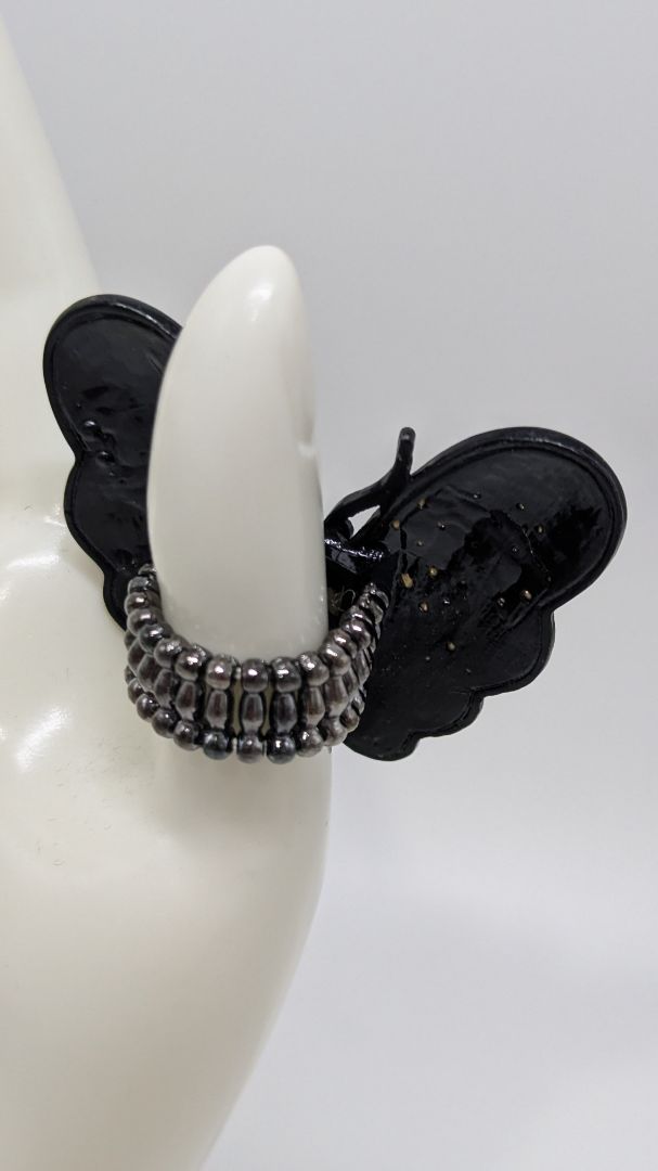 Black/Blue Rhinestone Butterfly Elastic-Back Ring