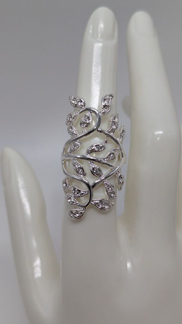 Silver Metal Wrapped Rhinestone Leaf Ring
