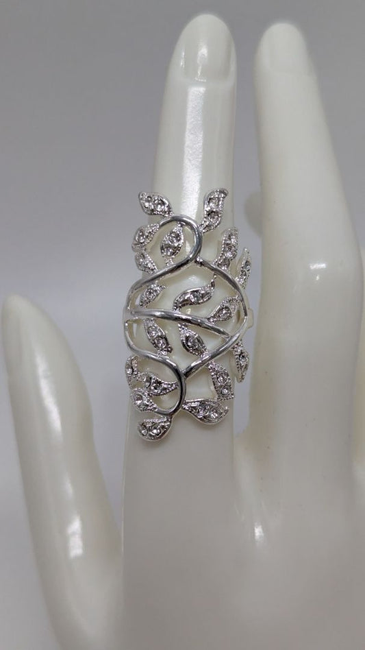 Silver Metal Wrapped Rhinestone Leaf Ring