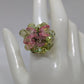 Silver/Pink/Green Beaded Adjustable Ring
