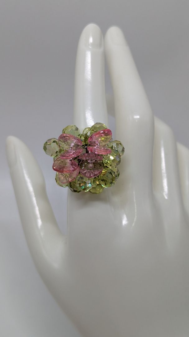Silver/Pink/Green Beaded Adjustable Ring