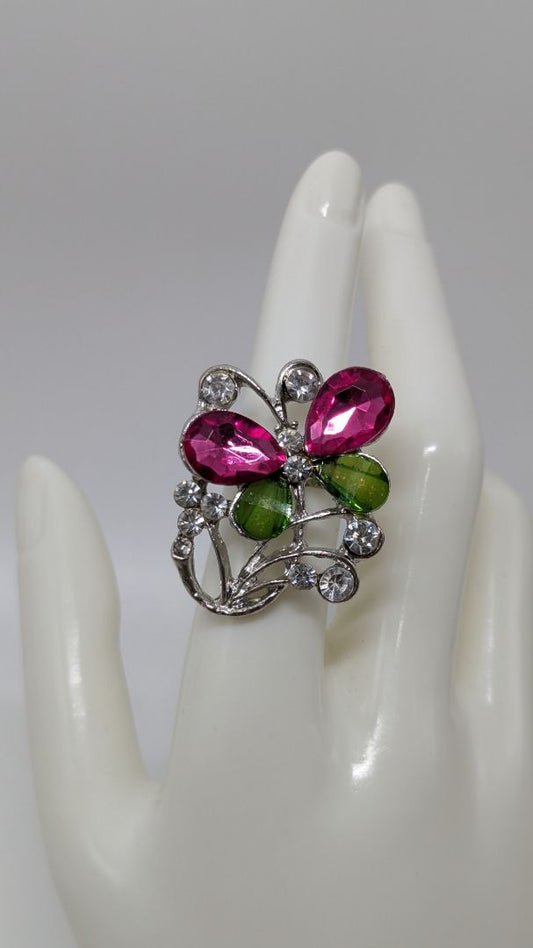 Silver/Pink/Green Gemstone Butterfly Ring
