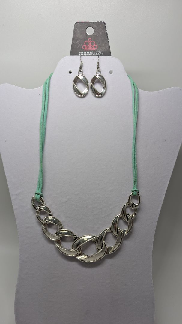 Paparazzi Silver Turquoise Cord & Chain Link Necklace & Earrings Set
