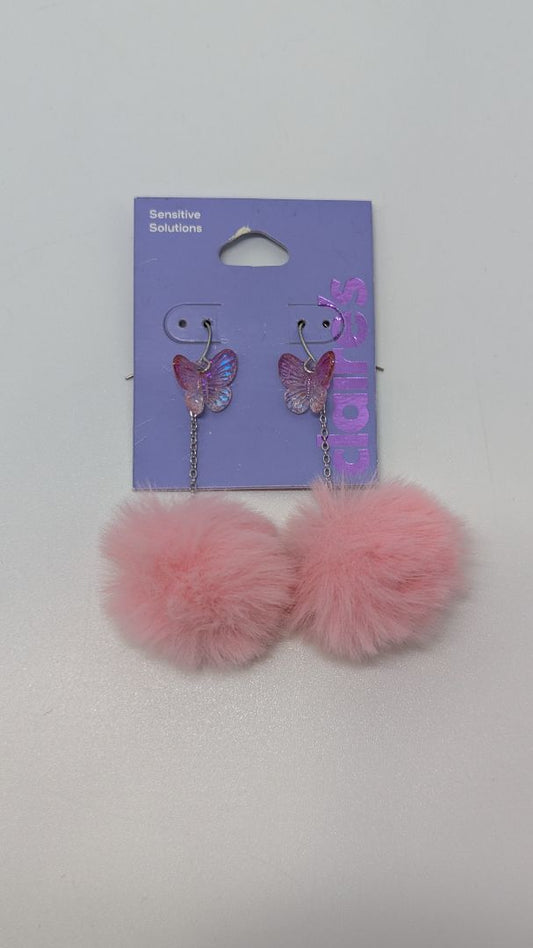 Claire's Pink Butterfly Pom-Pom Dangle Earrings