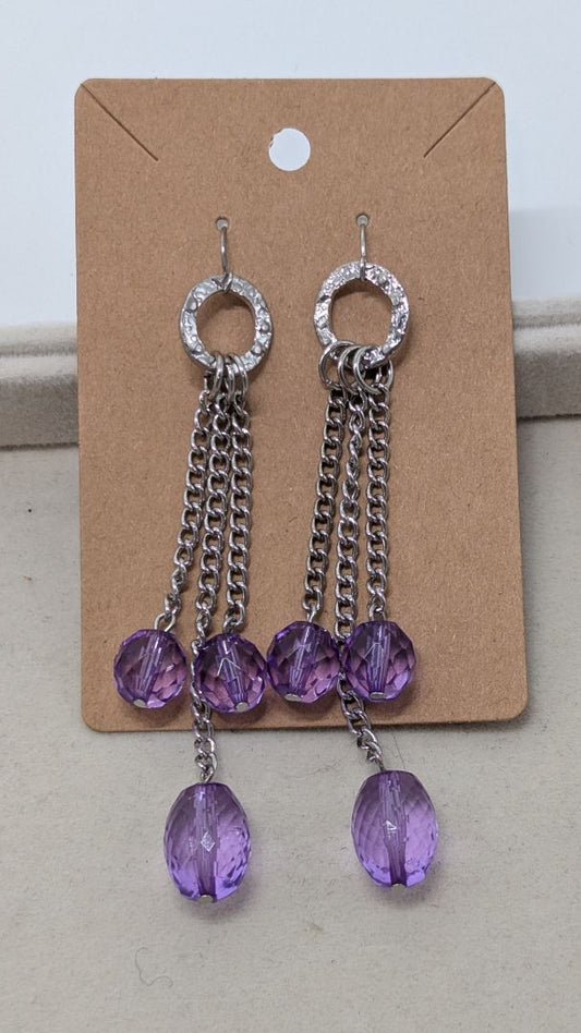 Silver/Purple 3-Chain Beaded Dangle Earrings