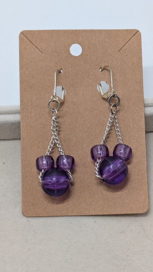 Silver/Purple Chain Dangling Beads Earrings