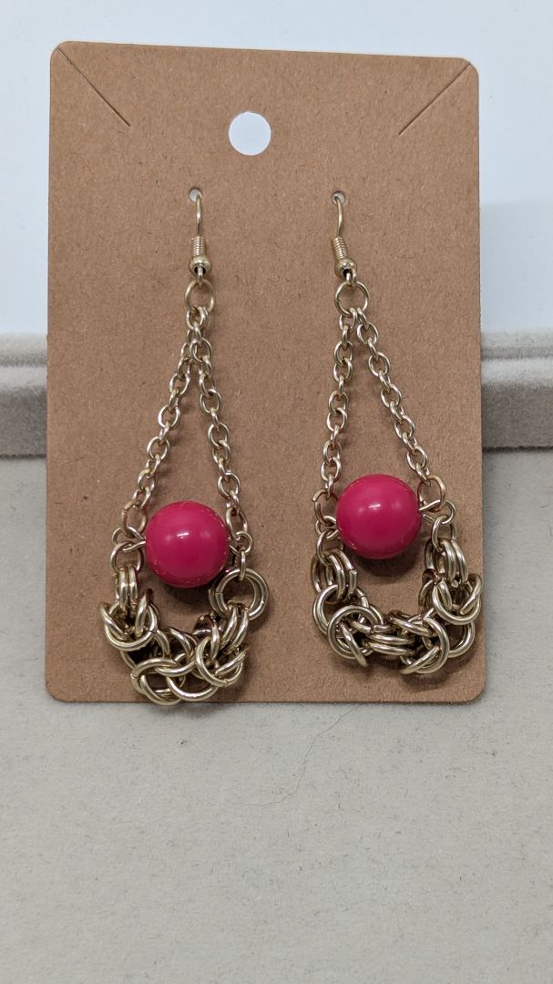Gold/Pink Beaded Chain Dangle Earrings