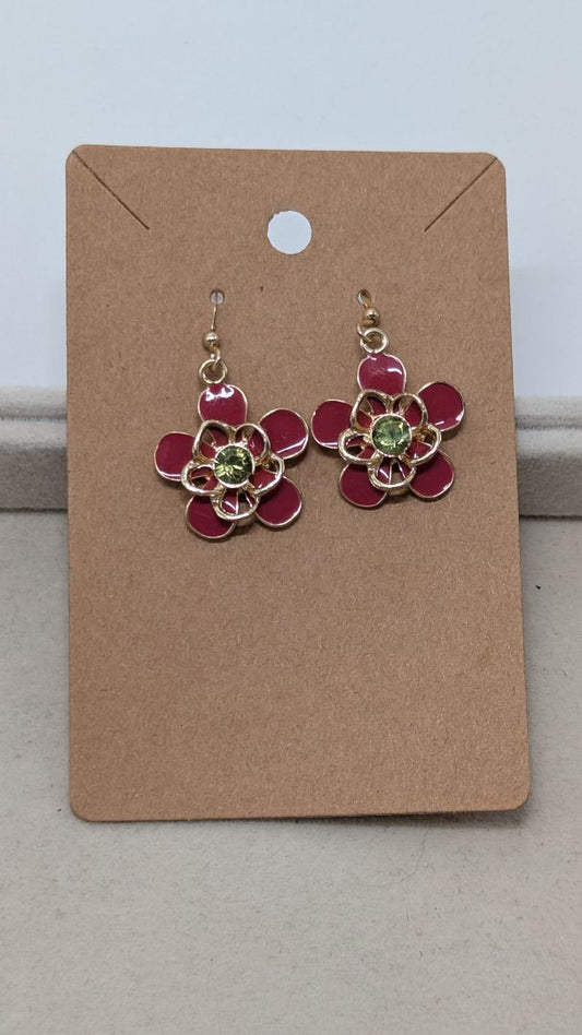 Gold/Pink Metal Rhinestone Flower Dangle Earrings
