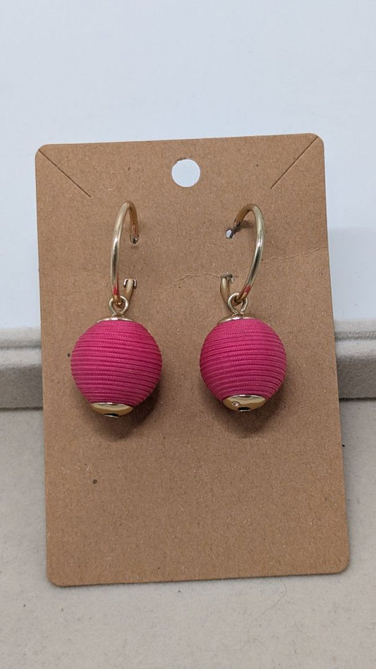 Gold/Pink String Ball Hoop Dangle Earrings