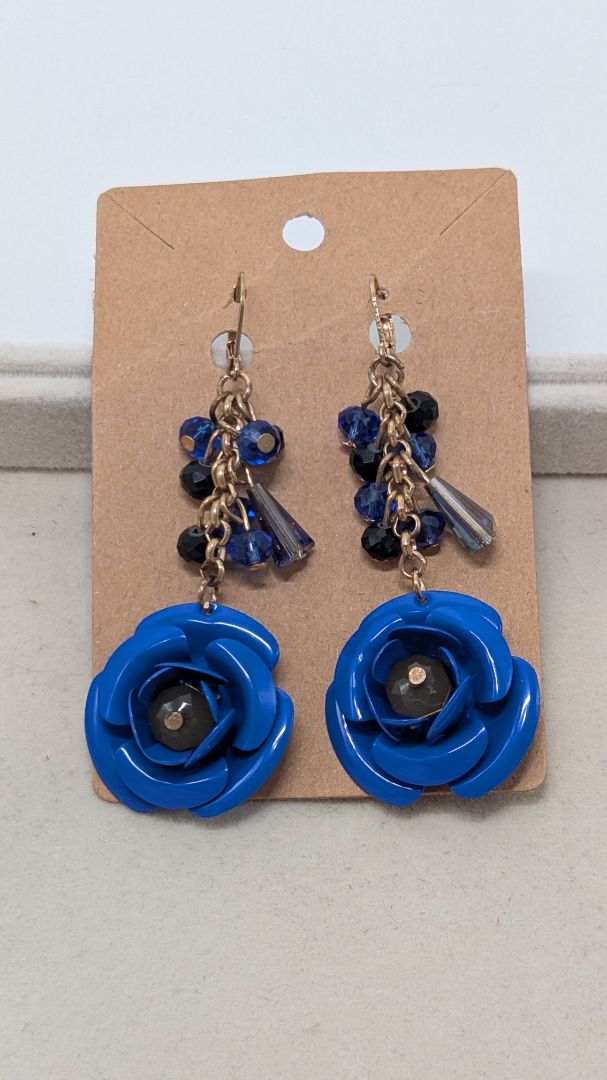 Gold/Blue Beaded Tin-Metal Flower Dangle Earrings