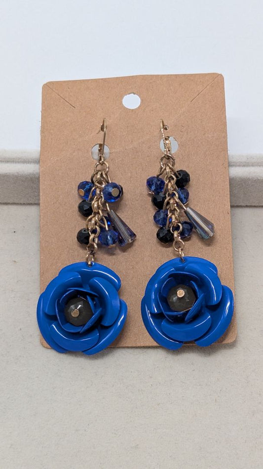 Gold/Blue Beaded Tin-Metal Flower Dangle Earrings