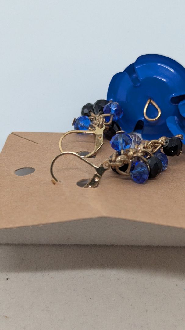 Gold/Blue Beaded Tin-Metal Flower Dangle Earrings