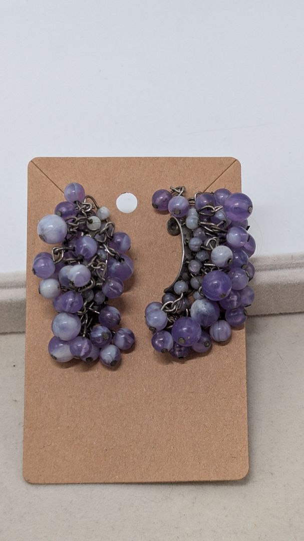 Silver/Purple Crescent Beaded Stud Earrings