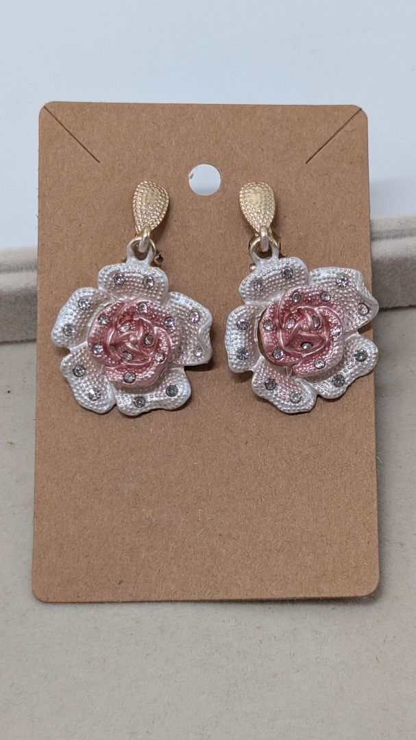 Gold/White/Pink Rose Rhinestone Dangle Earrings