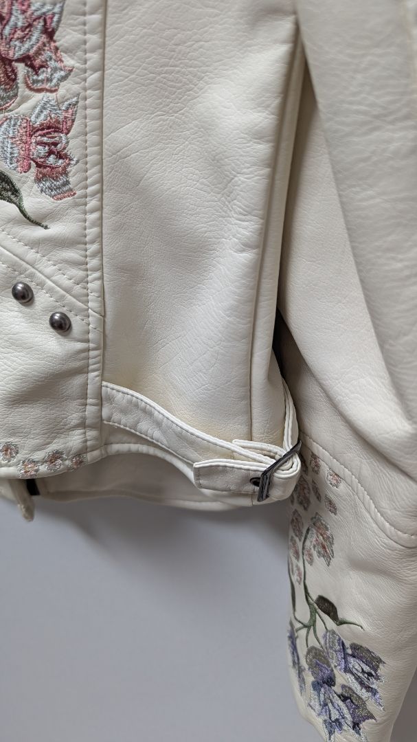 BlankNYC Ivory Embroidered Faux-Leather Jacket