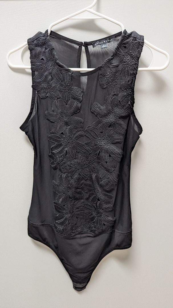 Haute Monde Black Embroidered Mesh Bodysuit