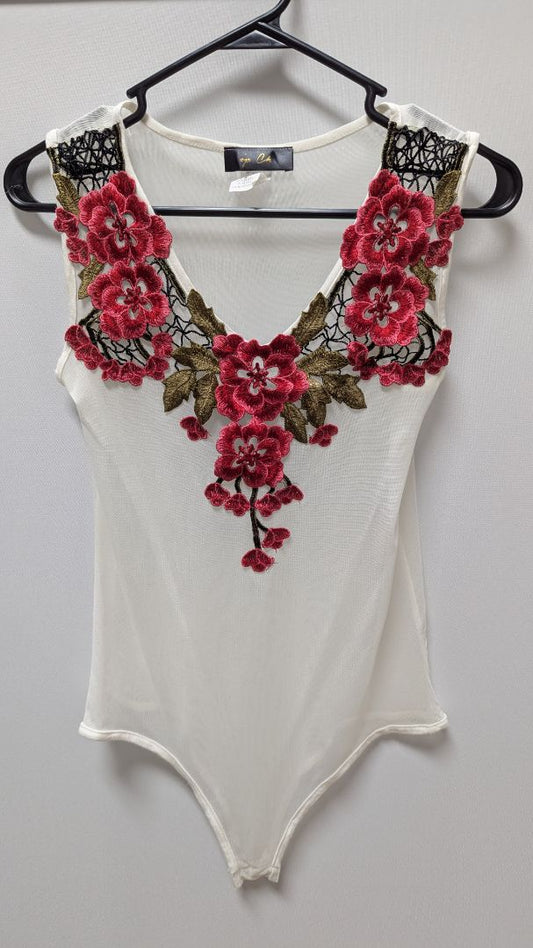 Top Ch White Embroidered Mesh Sleeveless Bodysuit