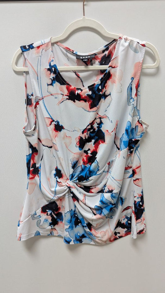 DKNY White Floral Knotted Sleeveless Blouse