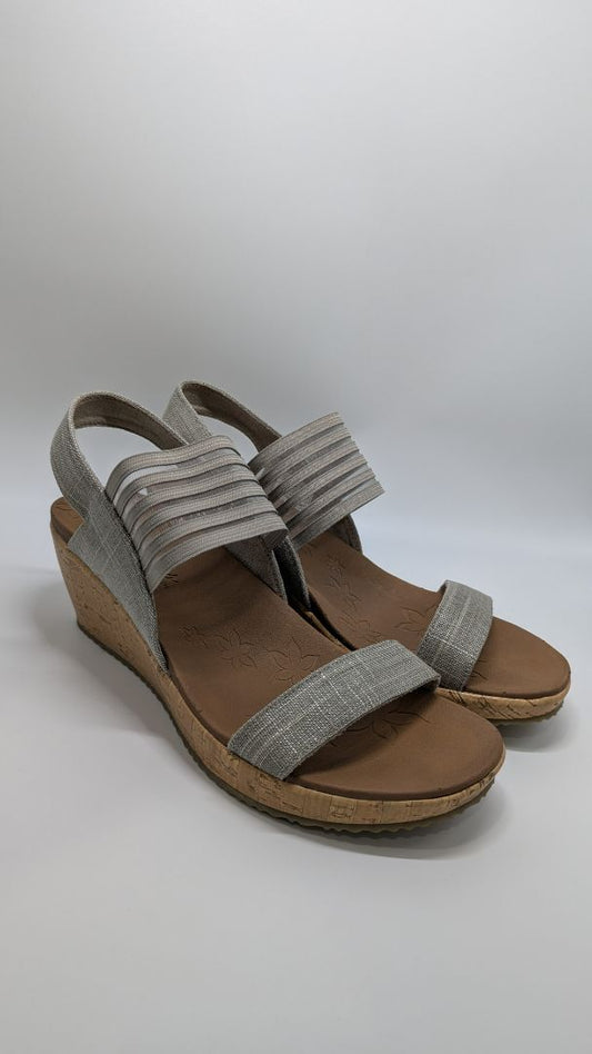 Skechers Luxe Foam Grey Mesh-Strap Heeled Sandals