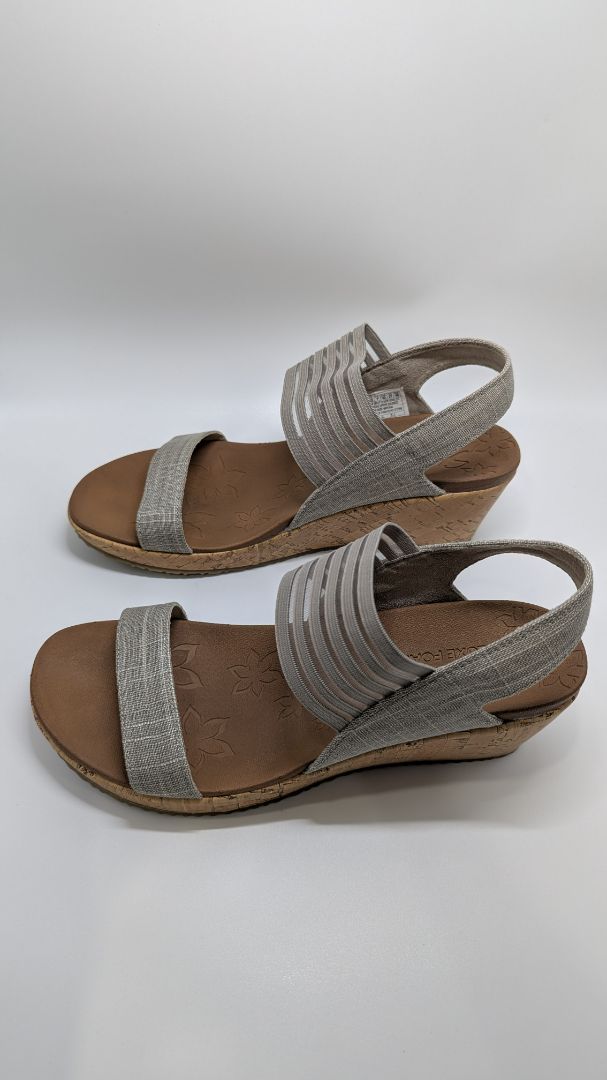 Skechers Luxe Foam Grey Mesh-Strap Heeled Sandals
