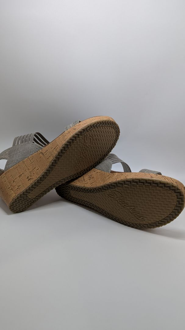 Skechers Luxe Foam Grey Mesh-Strap Heeled Sandals