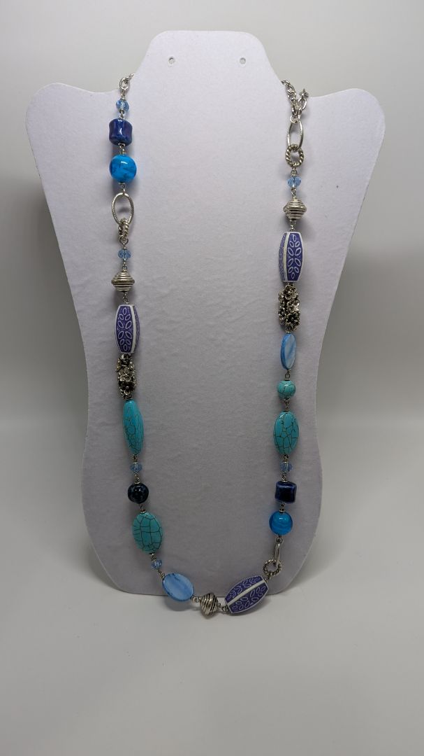 Silver/Blue Mixed Bead Longline Necklace