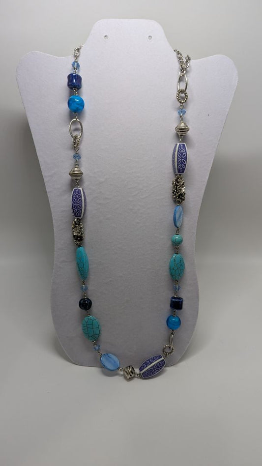 Silver/Blue Mixed Bead Longline Necklace