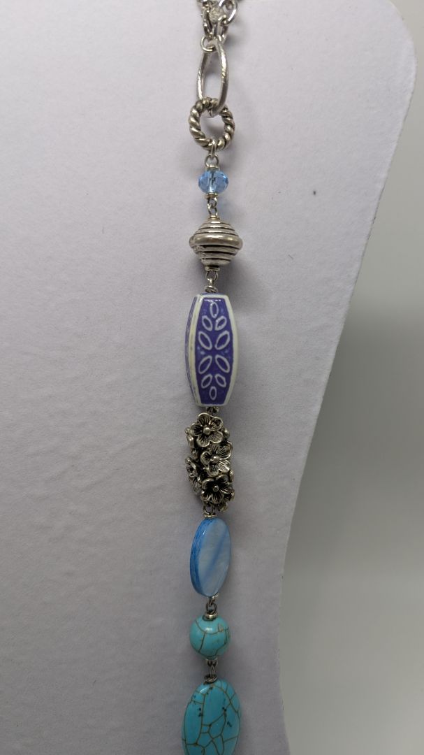 Silver/Blue Mixed Bead Longline Necklace