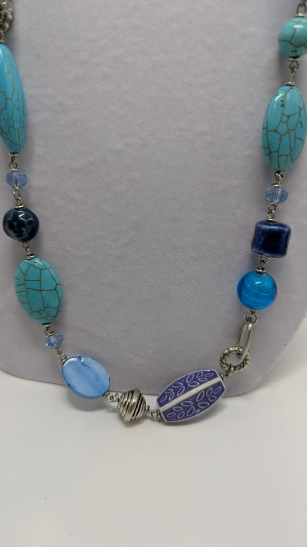 Silver/Blue Mixed Bead Longline Necklace