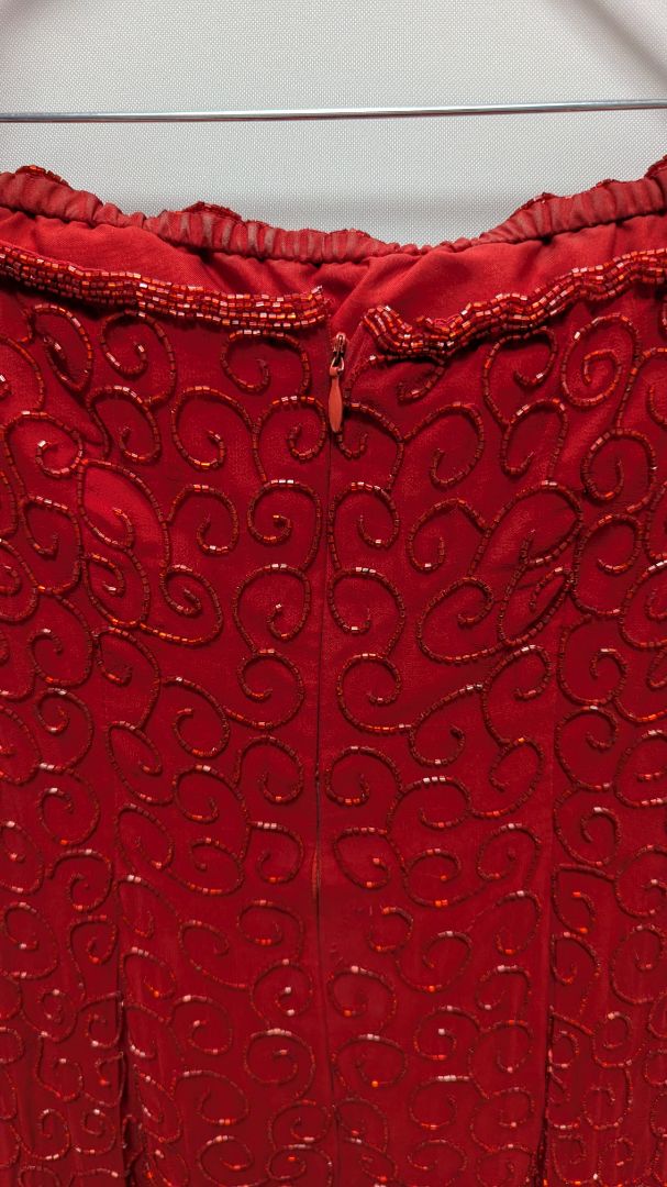 Cache Vintage Red Strapless Beaded Formal Gown