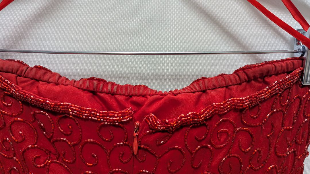 Cache Vintage Red Strapless Beaded Formal Gown